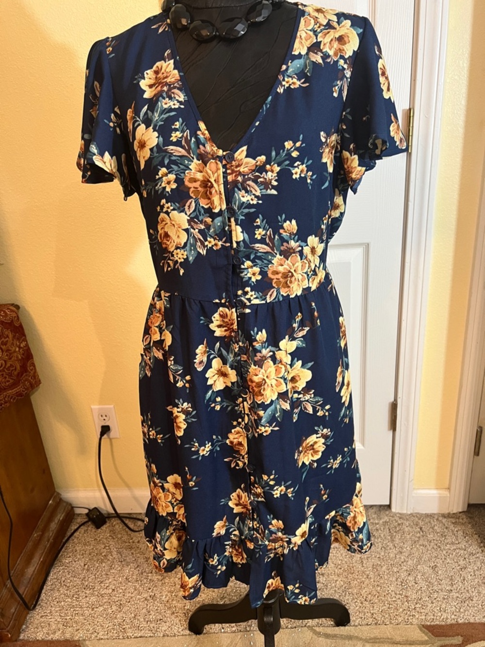 Xhilaration Navy Floral V-Neck Midi Dress with Yellow Blooms